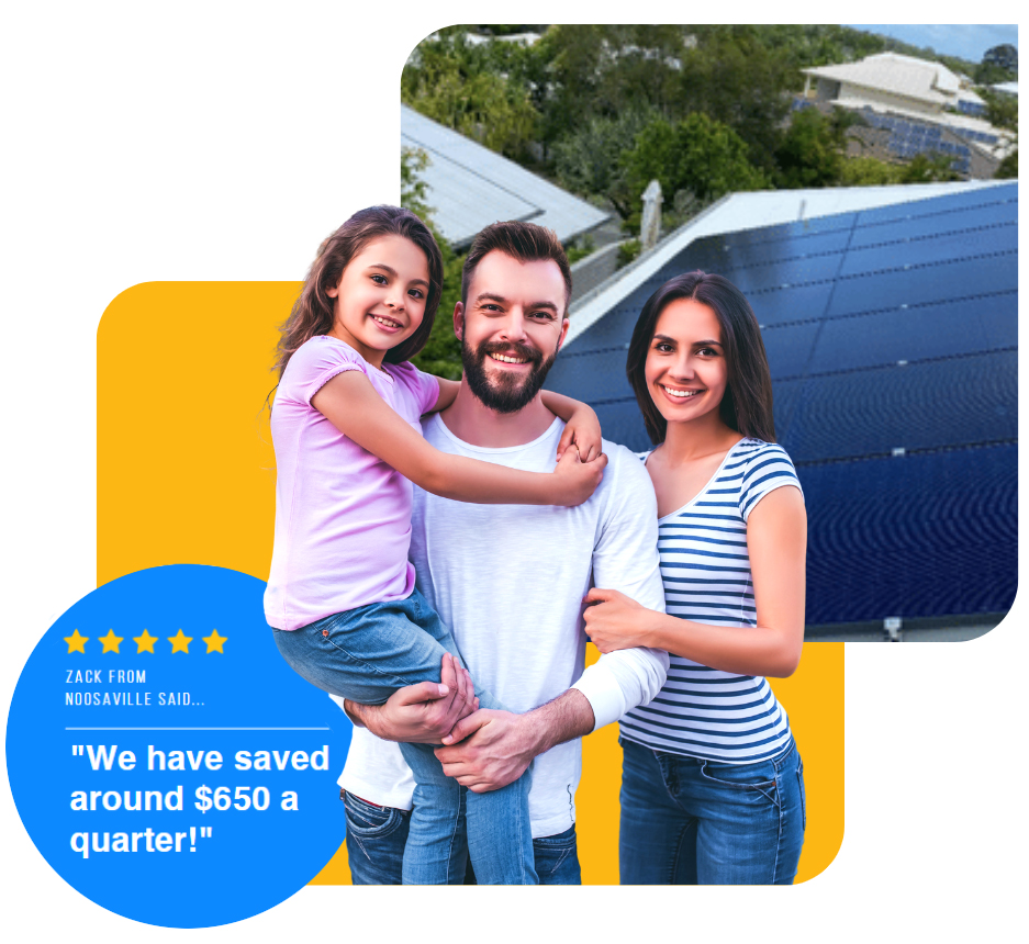 Family with solar power system in background