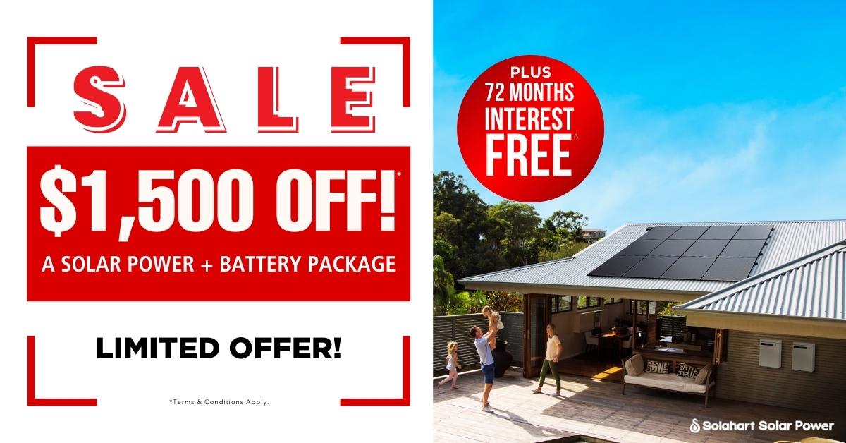 SAVE $1,500 OFF A SOLAR & BATTERY PACKAGE from Solahart Caboolture and get 72 months interest free. Terms and conditions apply